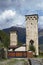 Famous historical Svan towers in Mestia city, Georgia. Mountain town in Georgia in the Caucasus mountains.