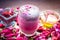 Famous Indian & Asian Summer and Ramadan drink i.e. Gulab shake or Rose falooda in a glass on wooden surface.