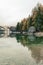 Famous Lago di Braies lake in Italy on a foggy weather with beautiful reflections