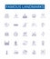 Famous landmarks line icons signs set. Design collection of Monument, Tower, Citadel, Palace, Ruins, Castle, Temple