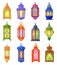 Famous lanterns. Cartoon ramadan lamps for iftar party, hanging old arabic lamp or ramadhan lantern fanoos, traditional