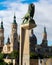 Famous lion sculputure in the Stone Bridge Puente de Piedra over the Ebro river nex to the Basilica of Our Lady of the Pillar