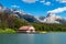 The famous Maligne Lake Boat House by the shoreline during the summer in Jasper National