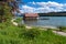 The famous Maligne Lake Boat House by the shoreline during the summer in Jasper National