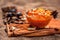 Famous mango preservation i.e. Murba or Murabba in a glass bowl on jute bag`s surface along with dry fruits and spices