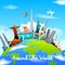 Famous monuments of the world on planet Earth on blue skyline background
