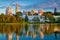 The famous Moscow landmark with Golden domes and a reflection of the landscape on the water of the Park pond against the