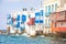 Famous Mykonos town colorfull little venice, Mykonos island, Cyclades, Greece