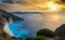 The famous Myrtos beach on the Greek island of Kefalonia during sunset time