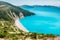 Famous Myrtos Beach. Must see visiting tourism location on Kefalonia island in summer. Greece