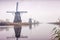 The Famous Netherlands wooden Windmills, UNESCO World Heritage Site, Kinderdijk Windmill village in the soft sunset light of