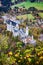 Famous Neuschwanstein castle autumn top view from the viewpoint in the forest