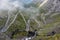 Famous norwegian mountains road Trollstigen top view of valley. Epic nordic nature