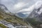Famous norwegian mountains road Trollstigen top view of valley. Epic nordic nature