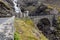 Famous norwegian mountains road Trollstigen top view of valley. Epic nordic nature with rocks