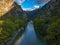 The famous old stoned bridge of Konitsa over Aoos river. Tymfi mount, Zagori, Epirus, Greece, Europe