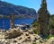 Famous panorama of the nature of the Aegean Sea from a hill on Kameriye Adas island