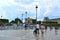 Famous Paris Louvre. People in main courtyard Cour Napoleon with Louvre Museum with Louvre Pyramid