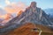 Famous Passo di Giau, Monte Gusela at behind Nuvolau gruppe the Dolomites mountains, near the famous Cortina dâ€™Ampezzo city at