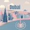 Famous places in Dubai, United Arab Emirates, blue and pink tones, paper cut