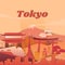 Famous places in Tokyo, Japan, red and orange tones, paper cut