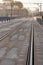 Famous portuguese bridge with railway tracks in perspective. Metro bridge in morning light in Porto, Portugal.