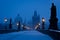 Famous Prague Charles bridge empty at blue hour