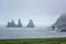 Famous Reynisdrangar rock formations, troll fingers at black sand Reynisfjara beach, foggy landscape, Iceland