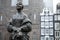 Famous sculptures of Amsterdam city centre close-up at cloudy day. General landscape view of city monuments & art objects.