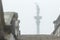 Famous Sigismund\'s Column silhouette in fog view from stone stairs in Polish Warsaw