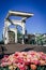 The famous skinny bridge in Amsterdam across the Amstel river with beautiful pink tulips in the foreground