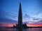 Famous skyscraper Lakhta Center at beautiful sunset. Twilight multi-colored pink and blue sky with colorful reflection in the sea