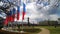 The famous spit of Vasilievsky island with the stock Exchange building, Rostral column and flags the Russian tricolor