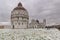 The famous square Piazza dei Miracoli after a snowfall, Pisa, Tuscany, Italy