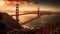 Famous suspension bridge silhouette at dusk over majestic coastline generated by AI