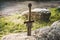 famous sword excalibur of King Arthur stuck in rock. Edged weapons from the legend Pro king Arthur