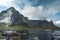 Famous tourist attraction of Reine in Lofoten with view towards Reinebringen, Norway with red rorbu houses, clouds