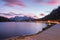 Famous tourist place Lake Lago di Misurina on sunset. picture with long e[posure and amazing dramatic sky