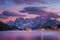 Famous tourist place Lake Lago di Misurina on sunset. picture with long e[posure and amazing dramatic sky