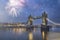 Famous Tower Bridge in the evening with fireworks, London, England