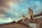 The famous tradition windmills on Crete island, Lassithi, Greece