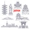 Famous travel landmarks of Japan thin line icon