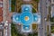 The famous Trinity Cathedral with blue domes and gilded stars, aerial top view of the historic part of the city of Staint-