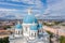 The famous Trinity Cathedral with blue domes and gilded stars, view of the historic part of the city of Staint-Petersburg, typical