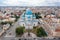 The famous Trinity Cathedral with blue domes and gilded stars, view of the historic part of the city of Staint-Petersburg, typical