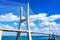 Famous Vasco da Gama Bridge over River Tejo in Lisbon from above - CITY OF LISBON, PORTUGAL - NOVEMBER 5, 2019