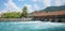 Famous wooden sluice bridge over aare river, thun city, switzerl