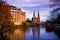 Famouus eglise Saint-Paul in Strasbourg, France in sunset time with water of river in front