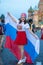 Fan of FIFA kokoshnike with Russian flag on red square in Moscow