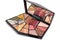 a fan-shaped palette with various shades of eyeshadow, blush, and lip colors